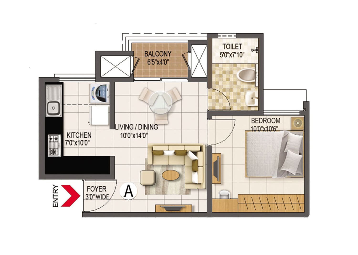 Prestige Primrose Hills 1 BHK Floor Plan Type A