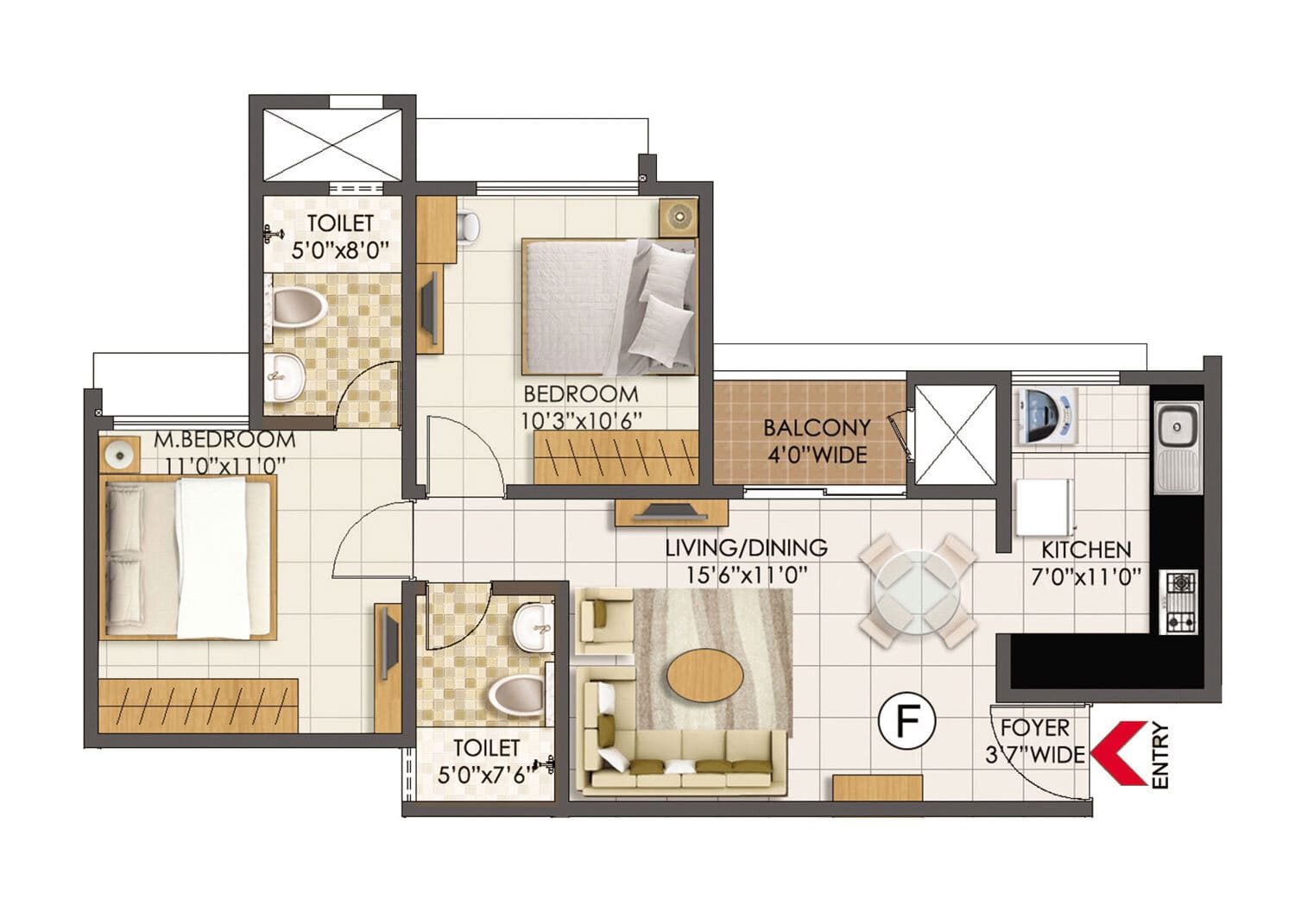 Prestige Primrose Hills 2 BHK Floor Plan F