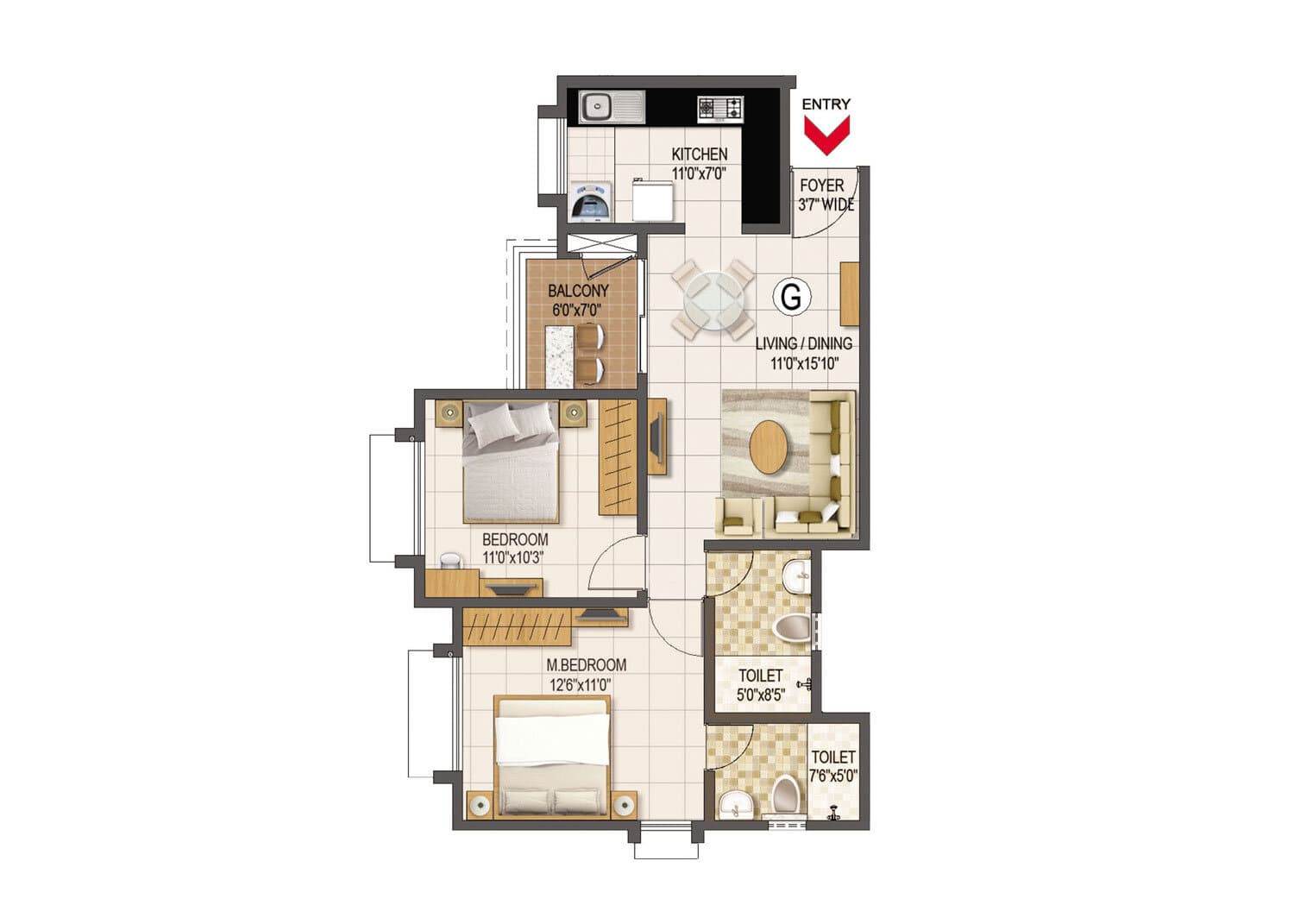 Prestige Primrose Hills 2 BHK Floor Plan G