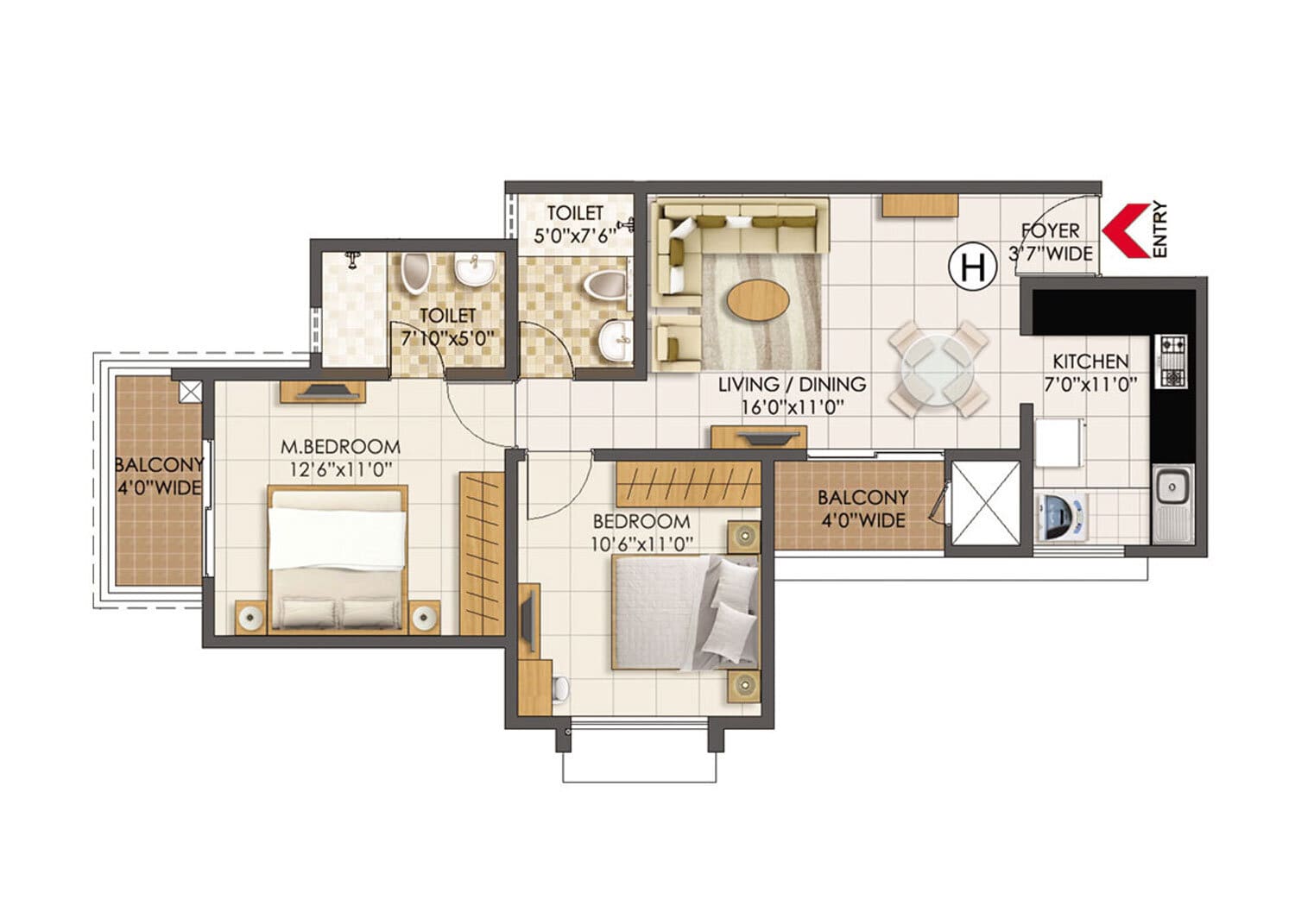 Prestige Primrose Hills 2 BHK Floor Plan Type H