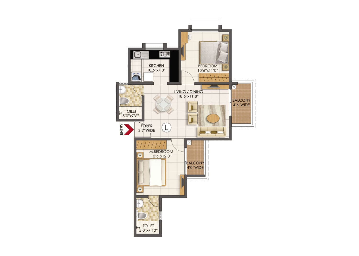 Prestige Primrose Hills 2 BHK Floor Plan Type L